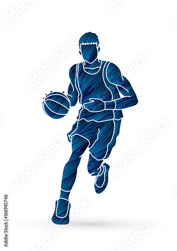 Basketball player running front view designed using blue grunge brush graphic vector