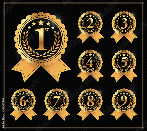 Award golden label of First, second and third winner. 1st, 2nd, 3rd, 4th, 5th, 6th, 7th, 8th and 9th Vector set photo