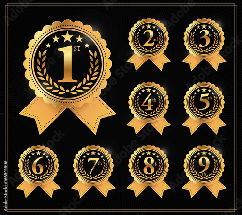 Award golden label of First, second and third winner. 1st, 2nd, 3rd, 4th, 5th, 6th, 7th, 8th and 9th Vector set
