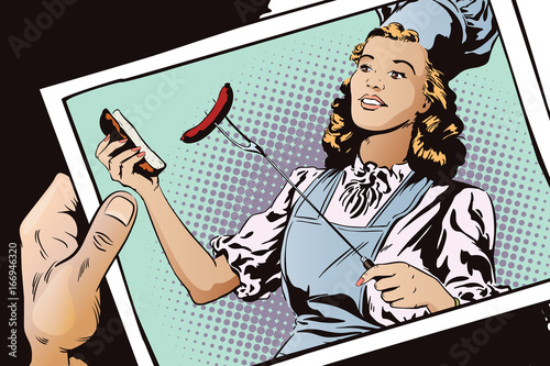 Beautiful young woman is preparing a barbecue. People in retro style.