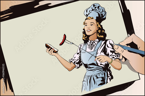 Beautiful young woman is preparing a barbecue. People in retro style.