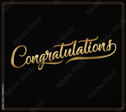 Congratulations. Calligraphy lettering. Handwritten phrase with gold text on dark background.