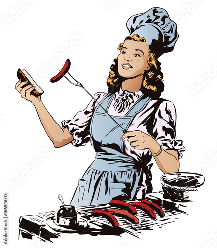 Beautiful young woman is preparing a barbecue. People in retro style.