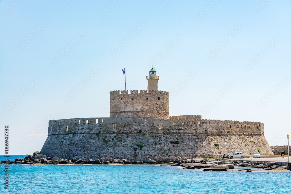 Agios Nikolaos Fort (Fort of Saint Nicholas), at the entrance to Mandraki harbor, Rhodes island, Greece