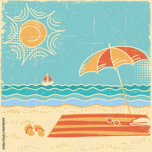 Beach scene sea landscape.Vector vintage illustration on old paper