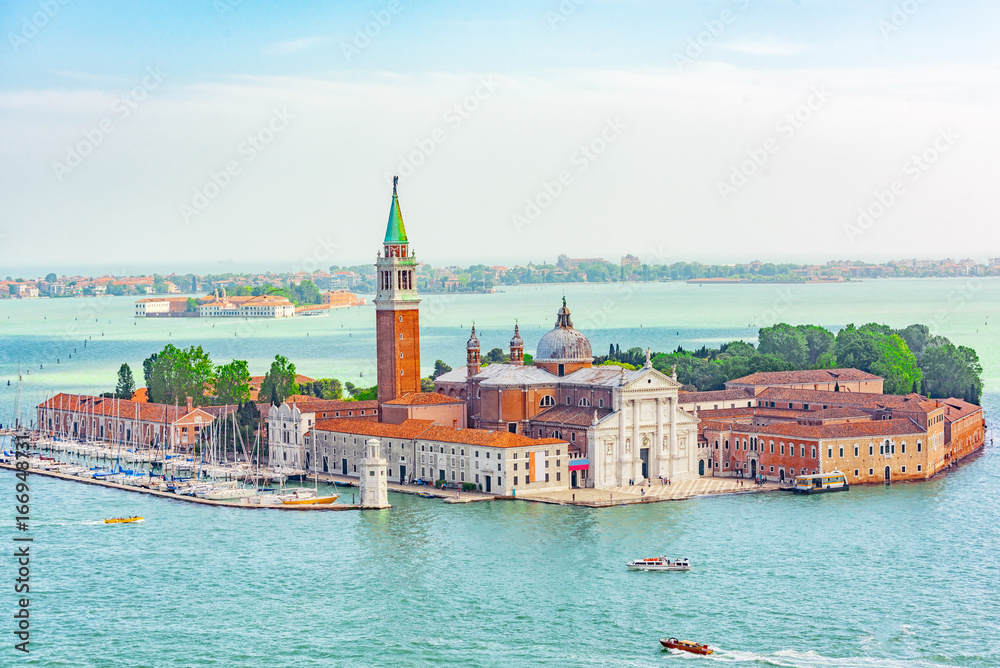 Panoramic view of Venice from the Campanile tower Island of Saint Giorgio Maggiore(Isola di S. Giorgio Maggiore) with San Giorgio Maggiore Church. Italy.