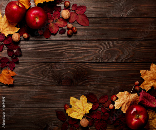 Flat lay frame of autumn crimson and yellow leaves, hazelnuts, walnuts and apples on a dark wooden background.