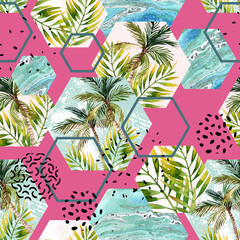 Handdoek met foto Marmeren hexagons patronen Tropische palmbladeren in geometrische zeshoeken  © Tanya Syrytsyna