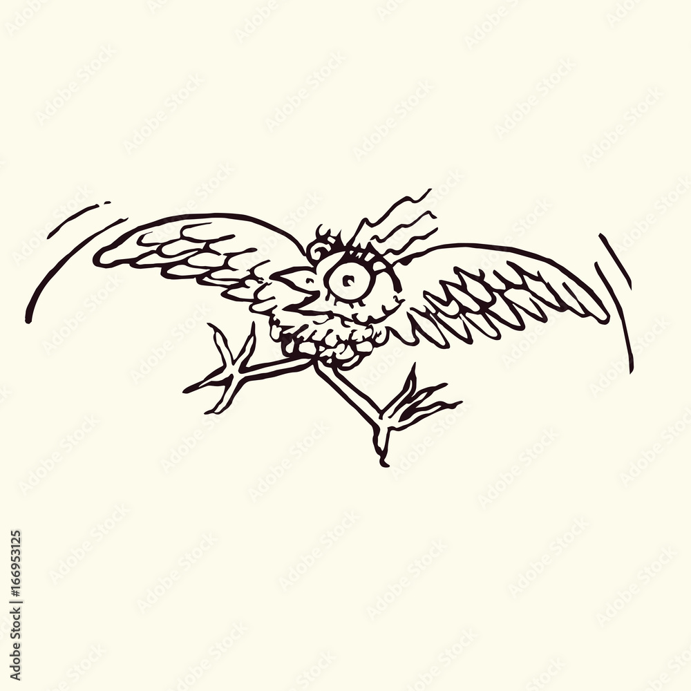 Fototapeta premium Funny bird enjoying flying with surprised eyes, hand drawn doodle, sketch in pop art style, black and white vector illustration