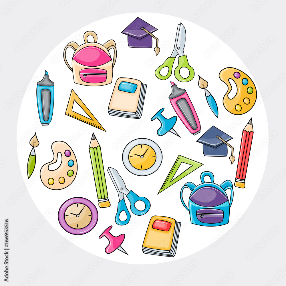 School elements clip art doodle in cartoon style for greeting card. Hand draw vector illustration for banner or flyer. Typography text.