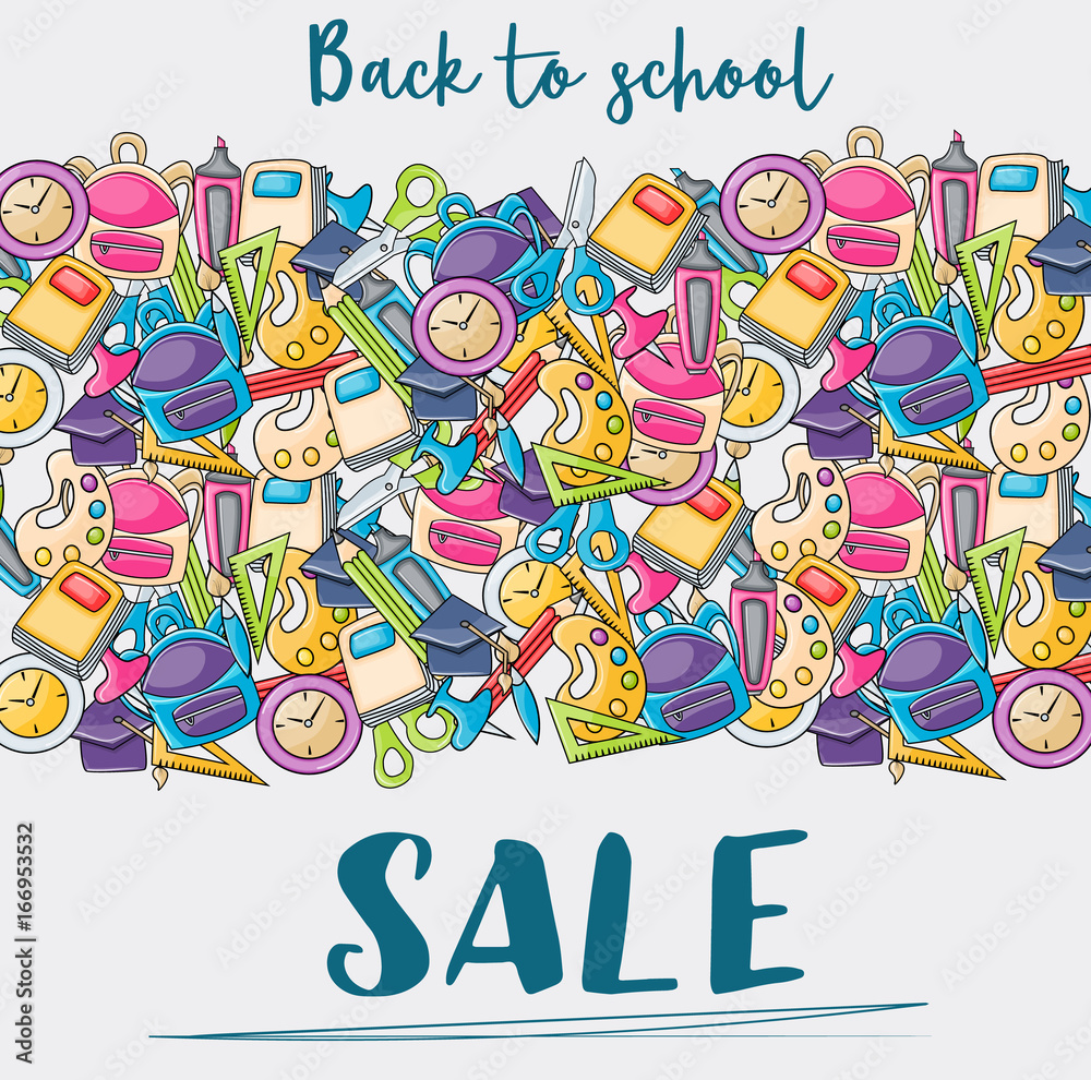Back to school sale doodle clip art greeting card. Cartoon vector illustration for flyer to banner. Typography script text. 