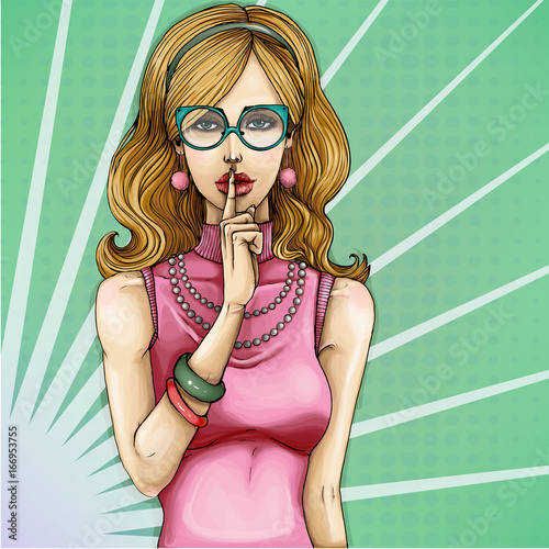 Vector pop art illustration of a young girl holding her finger on her lips and asking for silence, quiet, do not tell anyone. Excellent advertising poster for advertising discounts and sales
