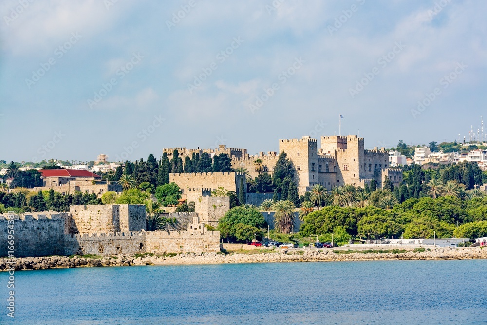 Grand Master Palace and Rhodes old town, view from the sea, Rhodes island, Greece