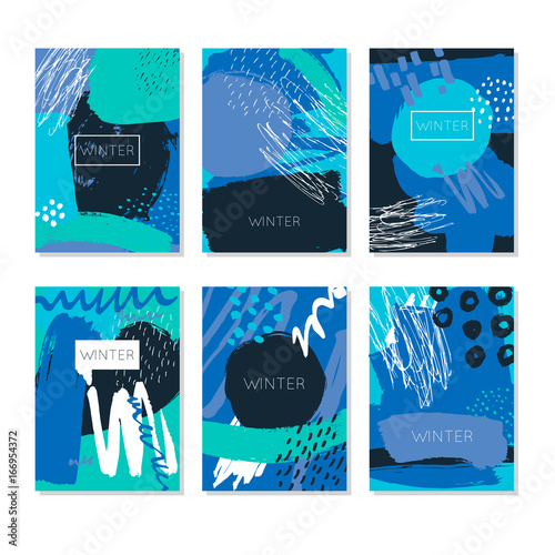 Winter Abstract. Hand Drawn artistic background textures and brush. Postcard, printed matter, greeting card, card template. Flat design. Vector templates.
