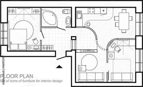 Architectural plan of a house. Layout of the apartment top view with the furniture in the drawing view. With bathroom living room and bedroom. The interior design project. Vector architectural icons.
