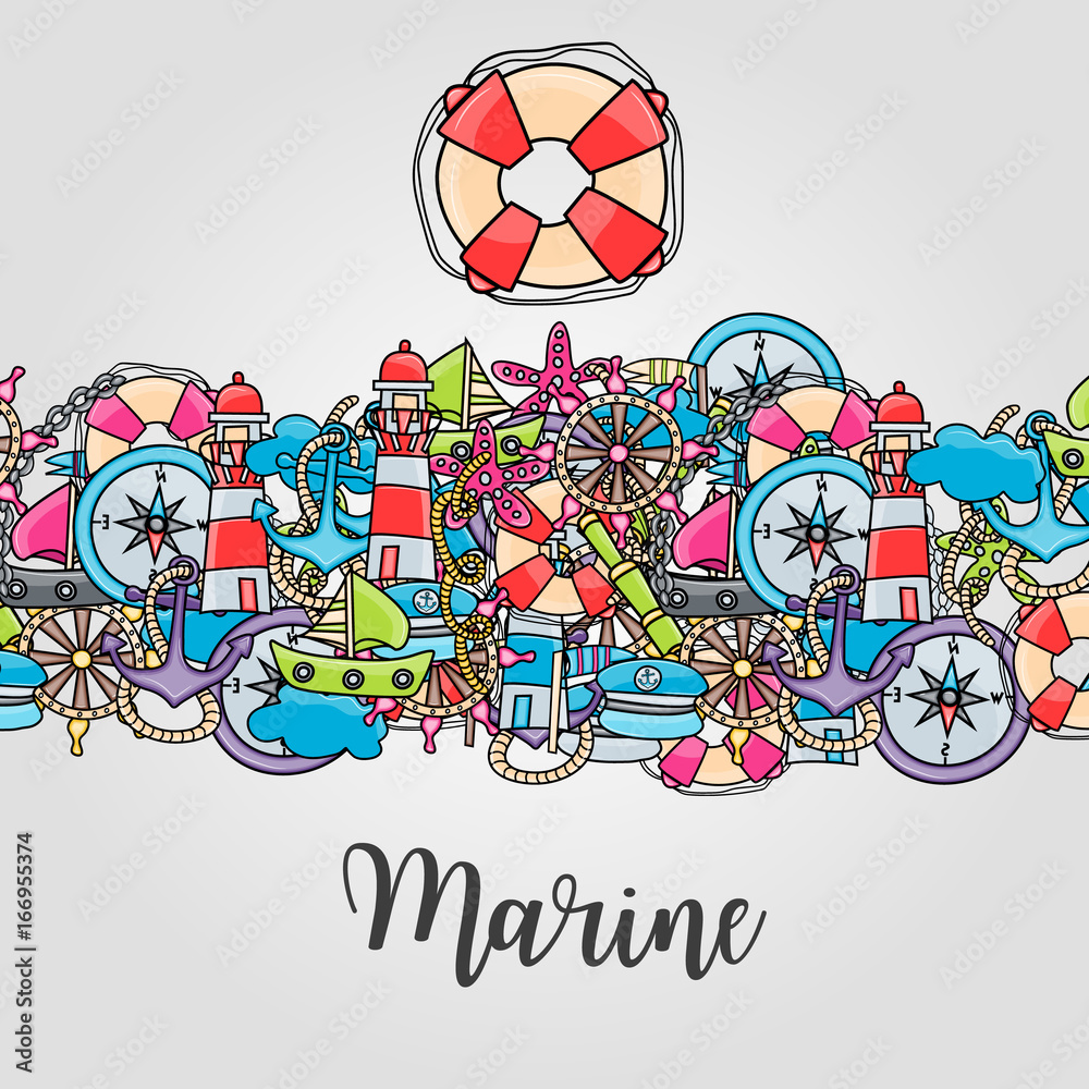 Fototapeta premium Marine doodle elements, hand drawn style. Ocean vector illustration background with nautical theme objects.