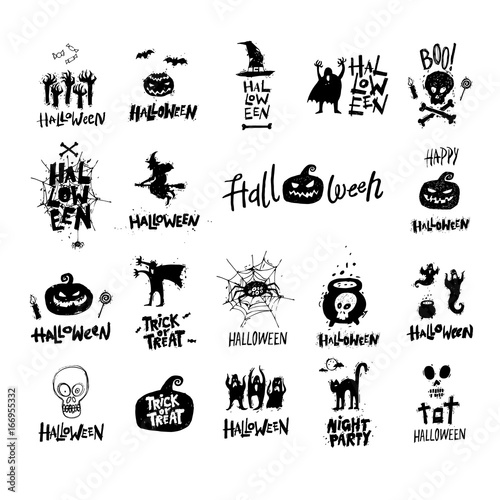 Happy halloween set. Poster, banner, fly-er. Spider web with the spider. Black on white. Lettering. Halloween party. Flat design vector illustration.