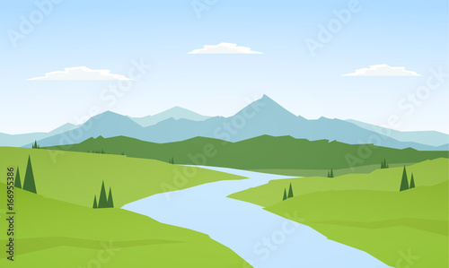 Vector illustration: Summer mountains landscape with river on foreground.