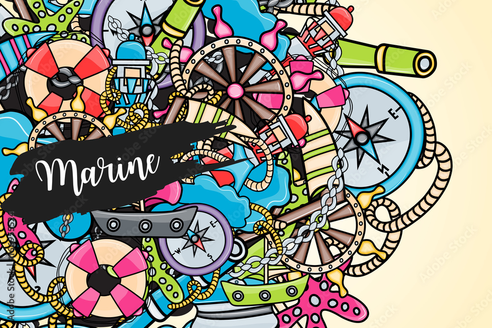Obraz premium Marine doodle elements, hand drawn style. Ocean vector illustration background with nautical theme objects.