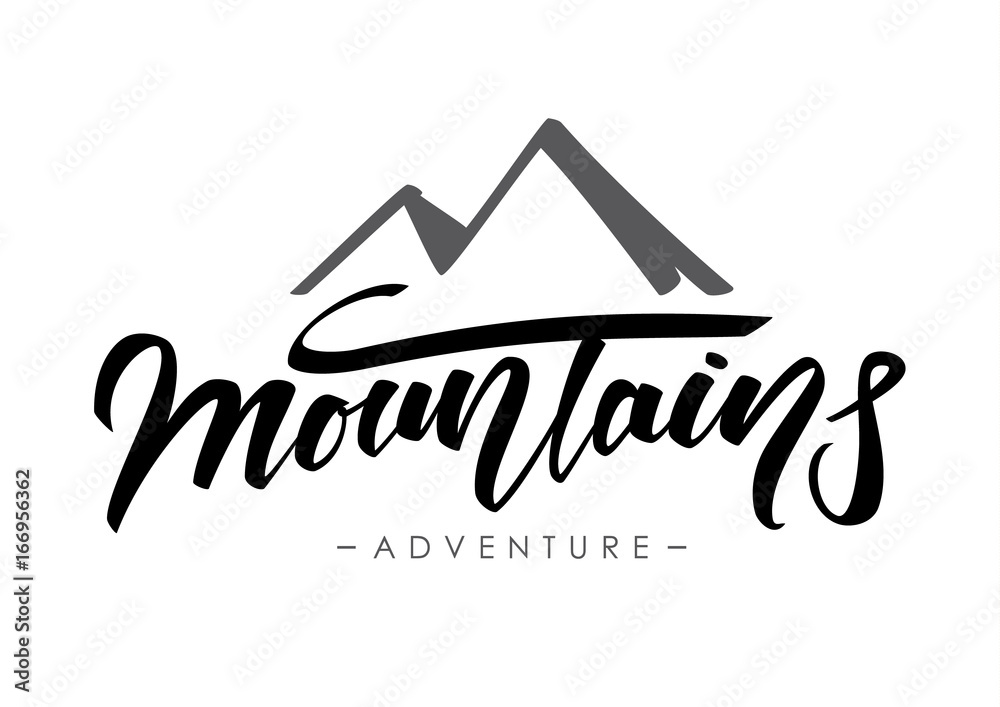Vector illustration: Hand lettering composition of Mountains Adventure on white background.