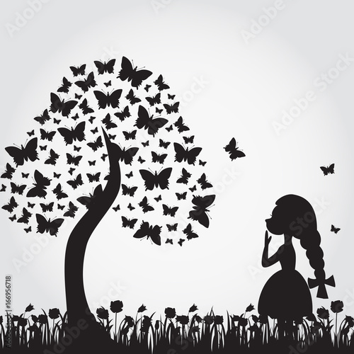 Silhouettes of miracle tree from butterflies and girl. Vector illustration.