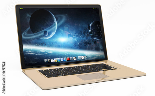 Modern gold laptop on white background 3D rendering
