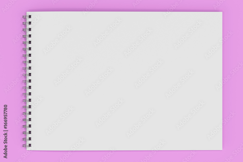 Blank white notebook with metal spiral bound on violet background Blank white notebook with metal spiral bound on violet background