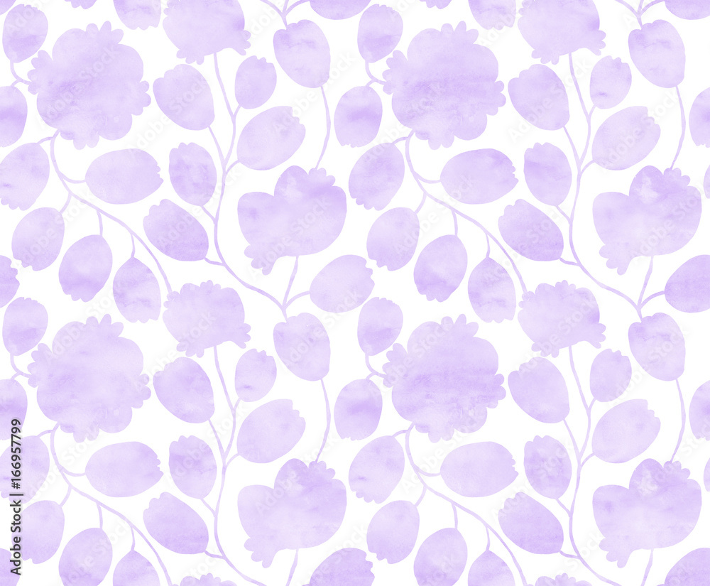 Hand drawn flower seamless pattern (tile). Colorful seamless pattern with tender light lilac light whimsical flowers. Watercolor lace pattern for textile. Isolated on a white background.