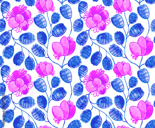 Hand drawn watercolor seamless floral flower pattern tiling  with whimsial anemones  leaves  camomilies. Colorful pink seamless network pattern background. Isolated subtle net on white.