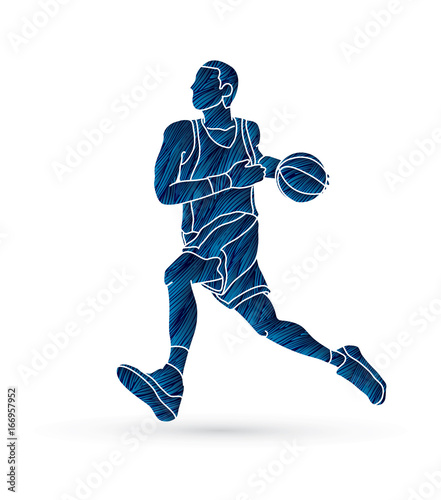 Basketball player running designed using blue grunge brush graphic vector