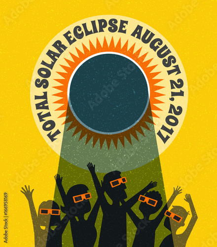 people celebrate watching the solar eclipse with protective glasses. vector banner, card or poster illustration.