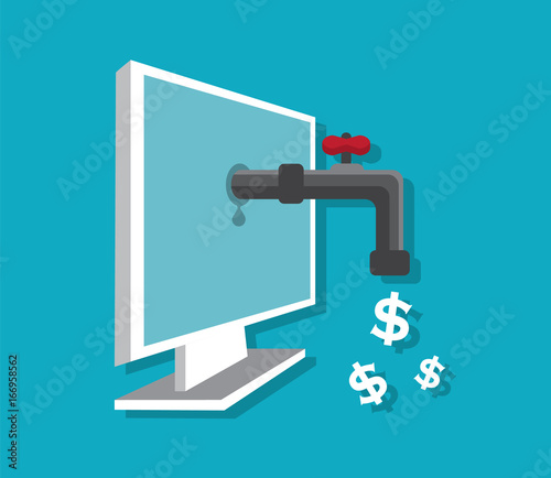 From the computer monitor the water tap is sticking out, and money is dripping from the tap