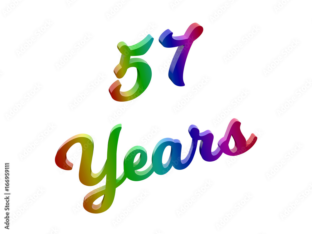 57 Years Anniversary, Holiday Calligraphic 3D Rendered Text Illustration Colored With RGB Rainbow Gradient, Isolated On White Background
57 Years Anniversary, Holiday Calligraphic 3D Rendered Text Illustration Colored With RGB Rainbow Gradient, Isolated On White Background