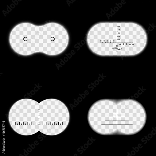 Binoculars field of view with different reticles vector set.  Binoculars sight templates. Inside binoculars illustrations with blurred edges and reticle. Spy, search or observation concepts.