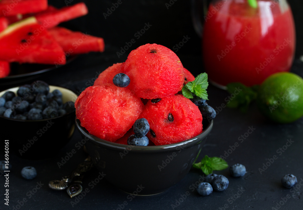Watermelon. Fruit salad. Fresh and ripe watermelon and melon with mint. Watermelon. Fruit salad. Fresh and ripe watermelon and melon with mint.