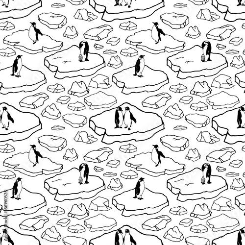 Cartoon hand drawn seamless pattern with penguins and sea ice. Outline polar drift ice with groups of penguins on white background. Lots of symbols and elements. Wild Animal's pattern.