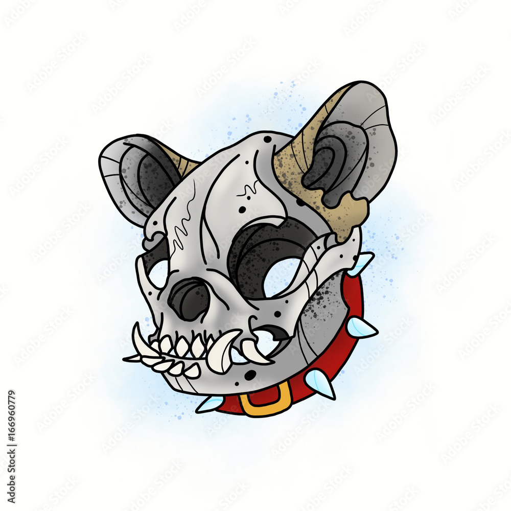 Dog skull. Stylized skeleton French Bulldog. Cartoon illustration, hand