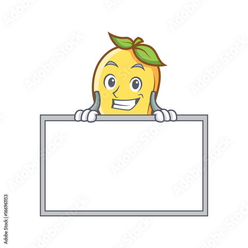 Grinning mango character cartoon mascot with board