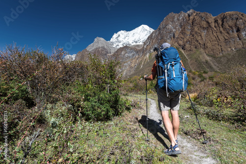 Hiker in highlands of Himalayas on Manaslu circuit