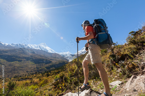 Hiker in highlands of Himalayas on Manaslu circuit
