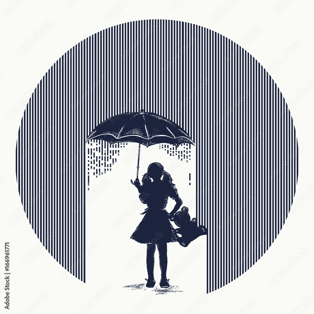 Girl in rain tattoo. Symbol of protection of children, depression. Girl