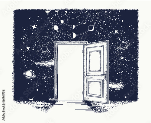 Open door tattoo. Symbol of imagination, creative idea, motivation, new life. Open door in universe t-shirt design. Surreal tattoo