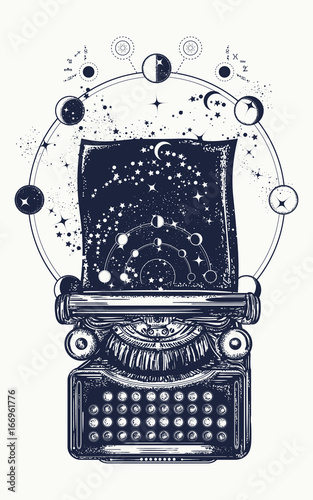 Typewriter tattoo. Symbol of imagination, literature, philosophy, psychology, imagination. Antique typewriter with paper prints Universe, surreal t-shirt design and tattoo art