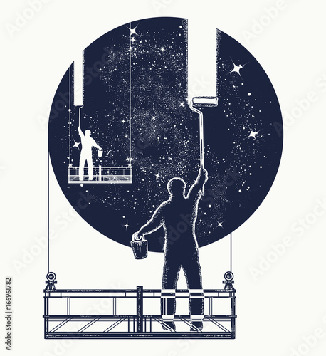 Window cleaners wash universe, surreal tattoo. Symbol of clarification, psychology, creative art. People clean Universe, workers washing windows t-shirt design
