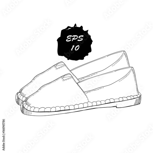 illustration of hand drawn graphic Men and women Footwear, shoes. Moccasins, sneakers, boots, pumps. Doodle, drawing Design isolated object.