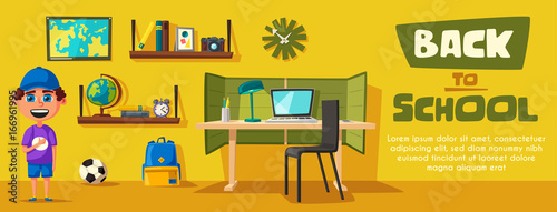 Schoolboy learns lessons at home. Cartoon vector illustration