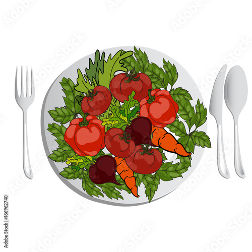 Vector illustration. Fresh vegetables on a plate. A set of cutlery on the table.