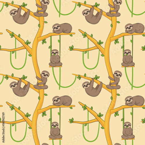 Seamless sloth on tree patern
