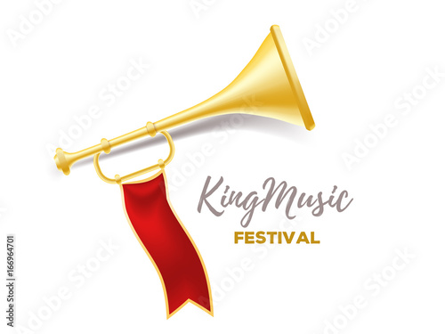 Announcement of a music festival concept. Realistic vector illustration of shiny golden metal trumpet with red ribbon and title on white background.