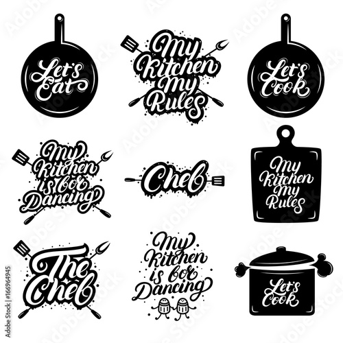 Big set of kitchen hand written lettering quotes.